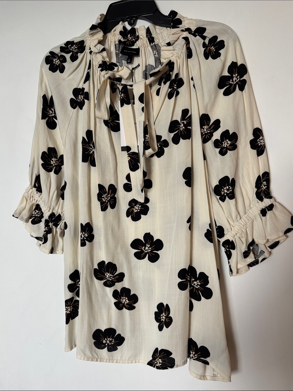 NWT Who What Wear Cream Tie-Neck Blouse with Black Floral Print